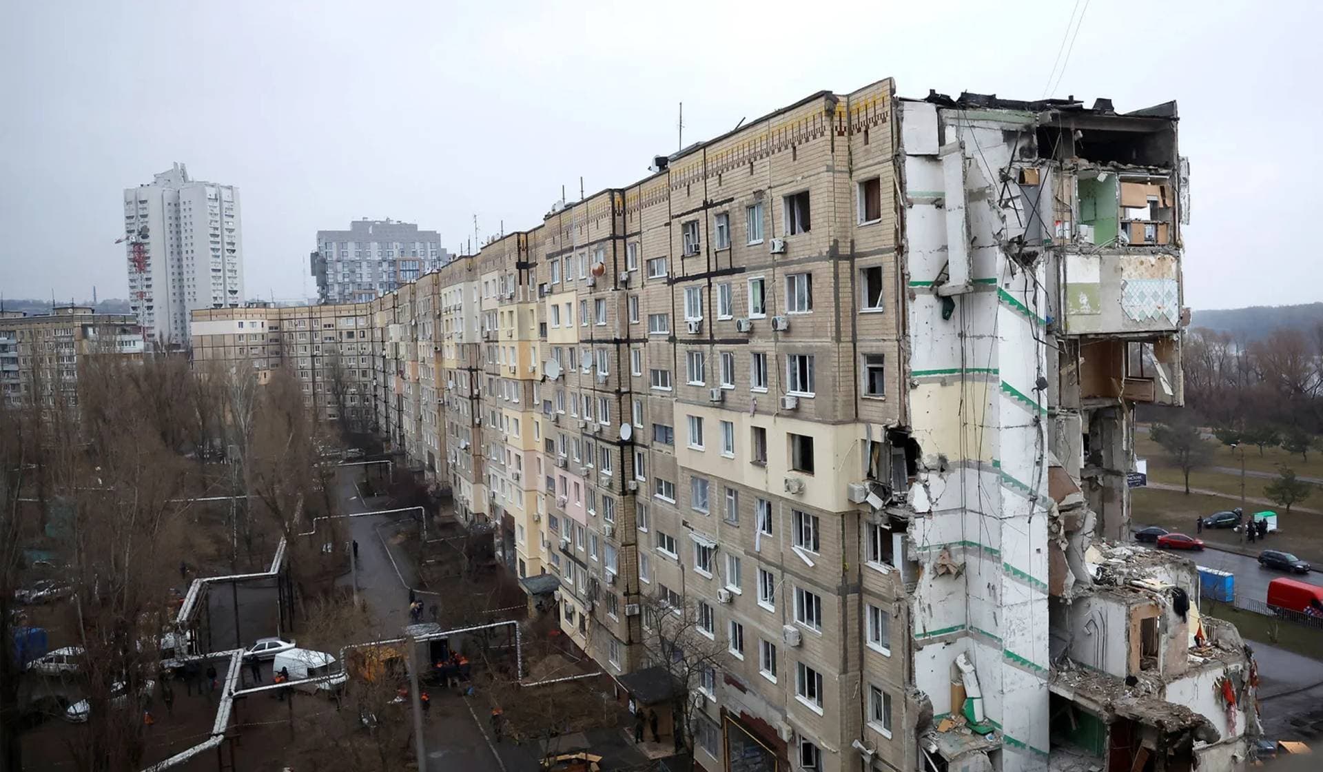 An apartment block heavily damaged by a Russian missile strike in Dnipro