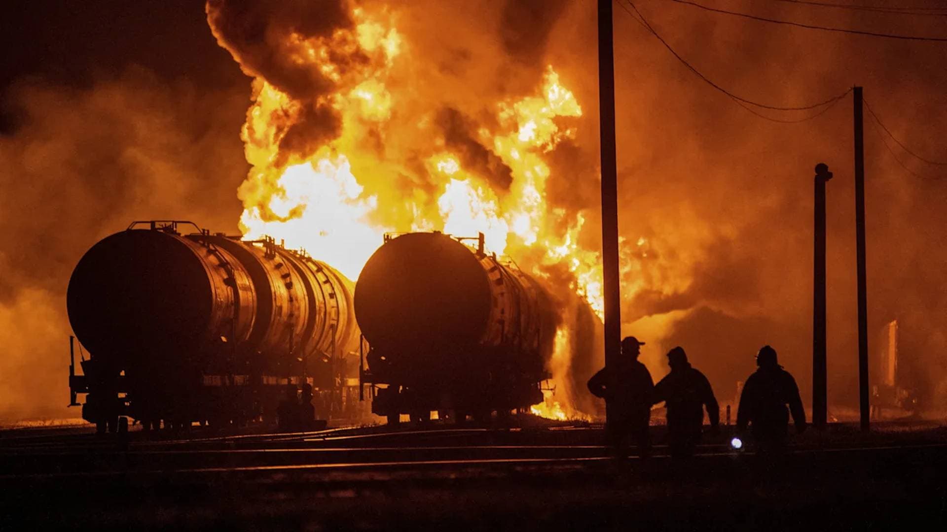 Residents watch tank cars set ablaze following recent shelling at a railway junction in Donetsk