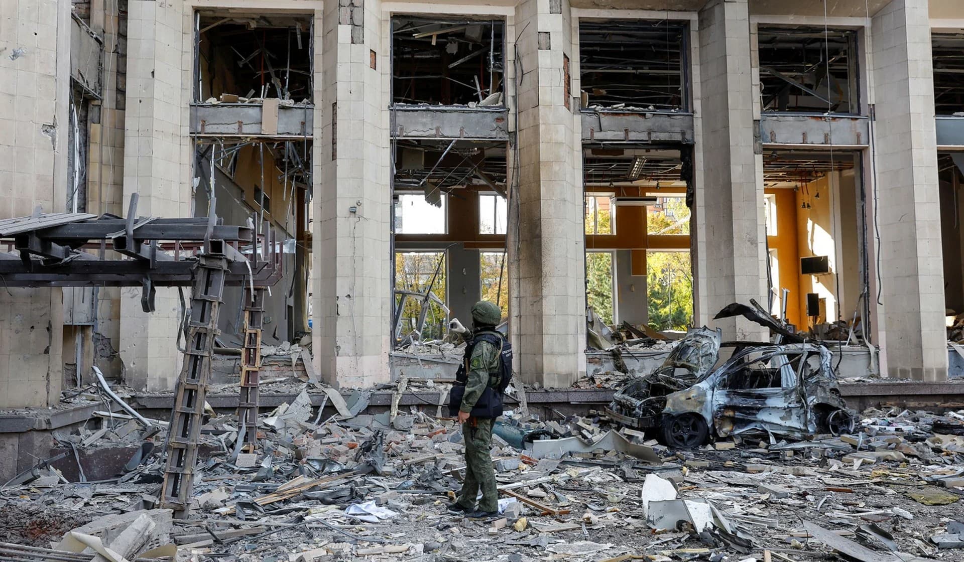 The city administration building hit by recent shelling in Donetsk