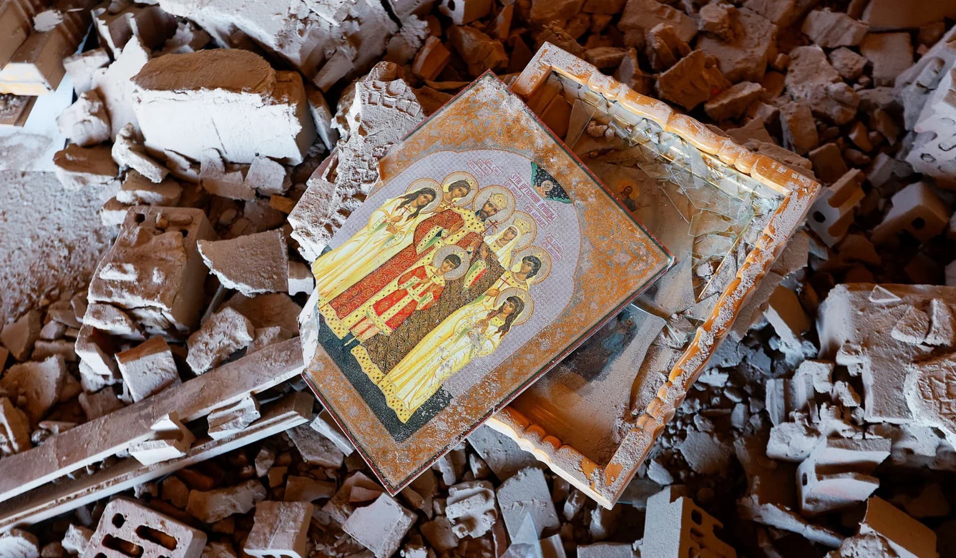 Icons amid debris of a building on the premises of a local church which was damaged in shelling in in Donetsk