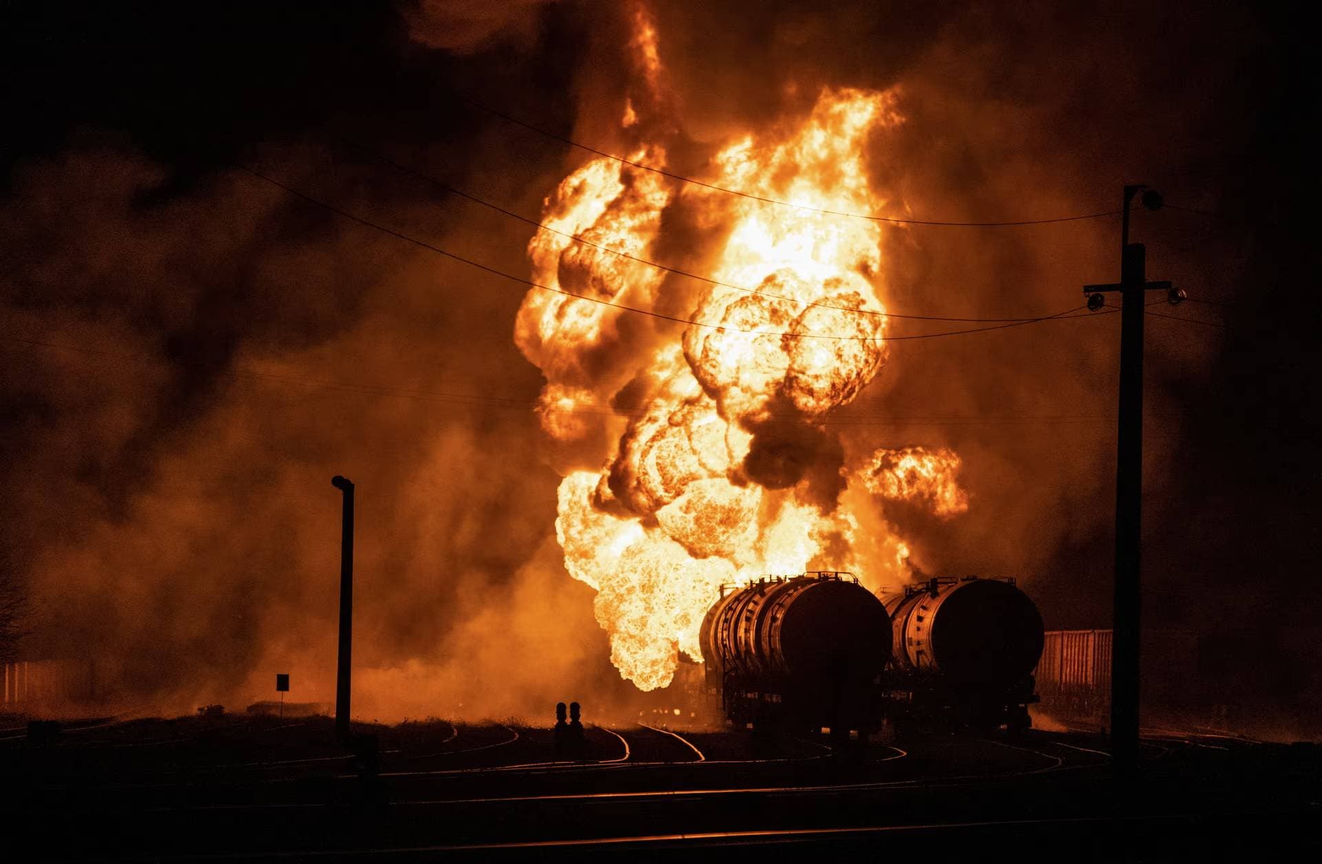 Tank cars set ablaze following recent shelling at a railway junction in Donetsk