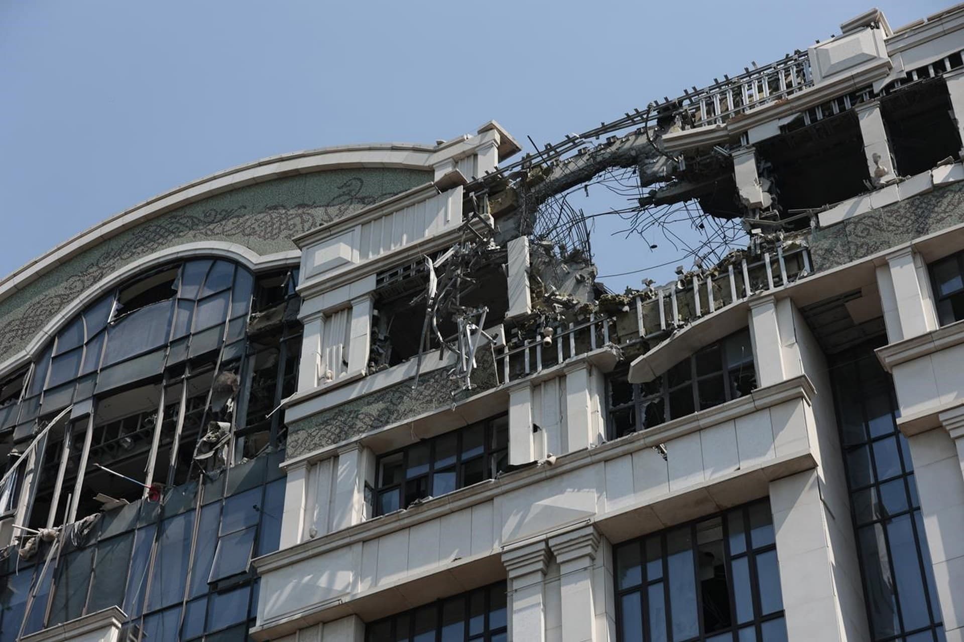 A view of the Donetsk People's Republic's administration building damaged by shelling in Donetsk