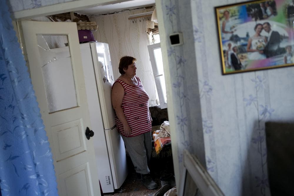 Svitlana Romashkina stands in her damaged home after a strike in Druzhkivka