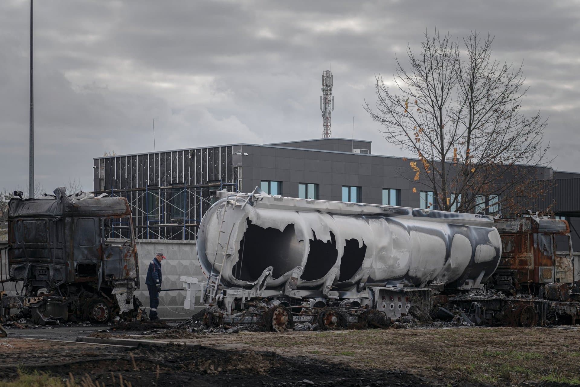 A view of a fuel depot hit by Russian missile in the town of Kalynivka