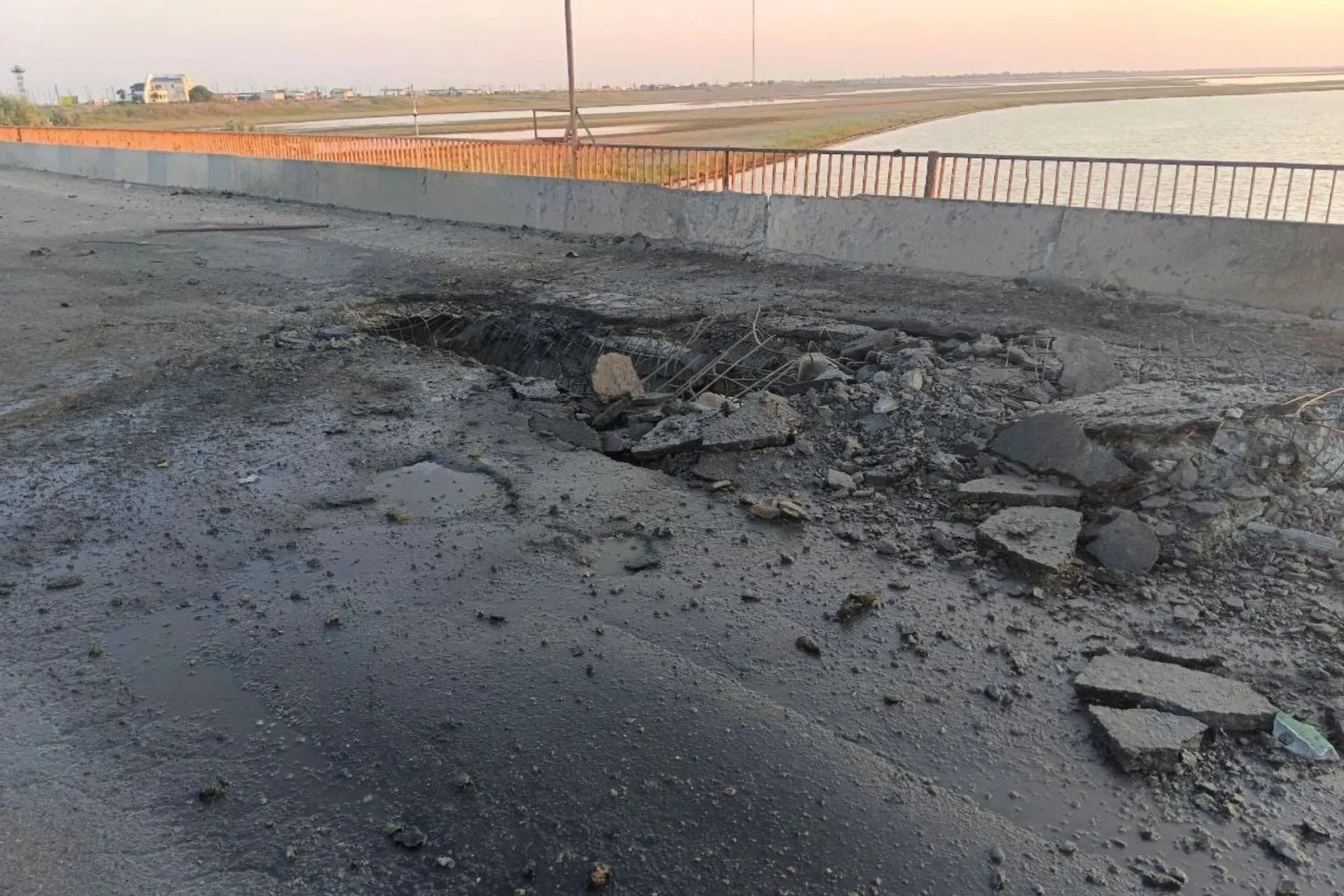 The damaged Chonhar Bridge connecting Russian-held parts of Ukraine's Kherson Region to the Crimean peninsula