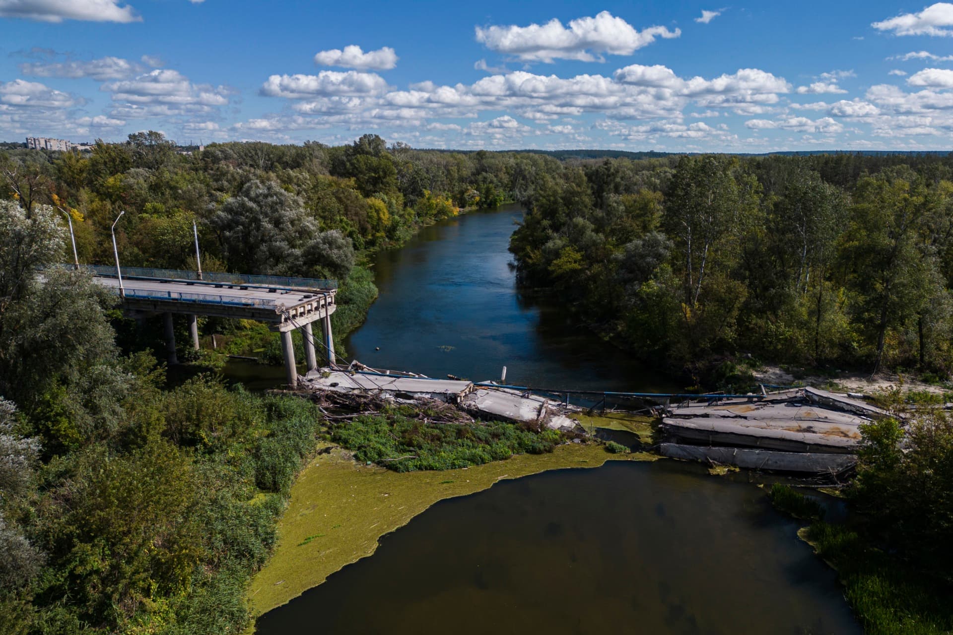 A view on destroyed bridge across Siverskiy-Donets river in the recently retaken area of Izium