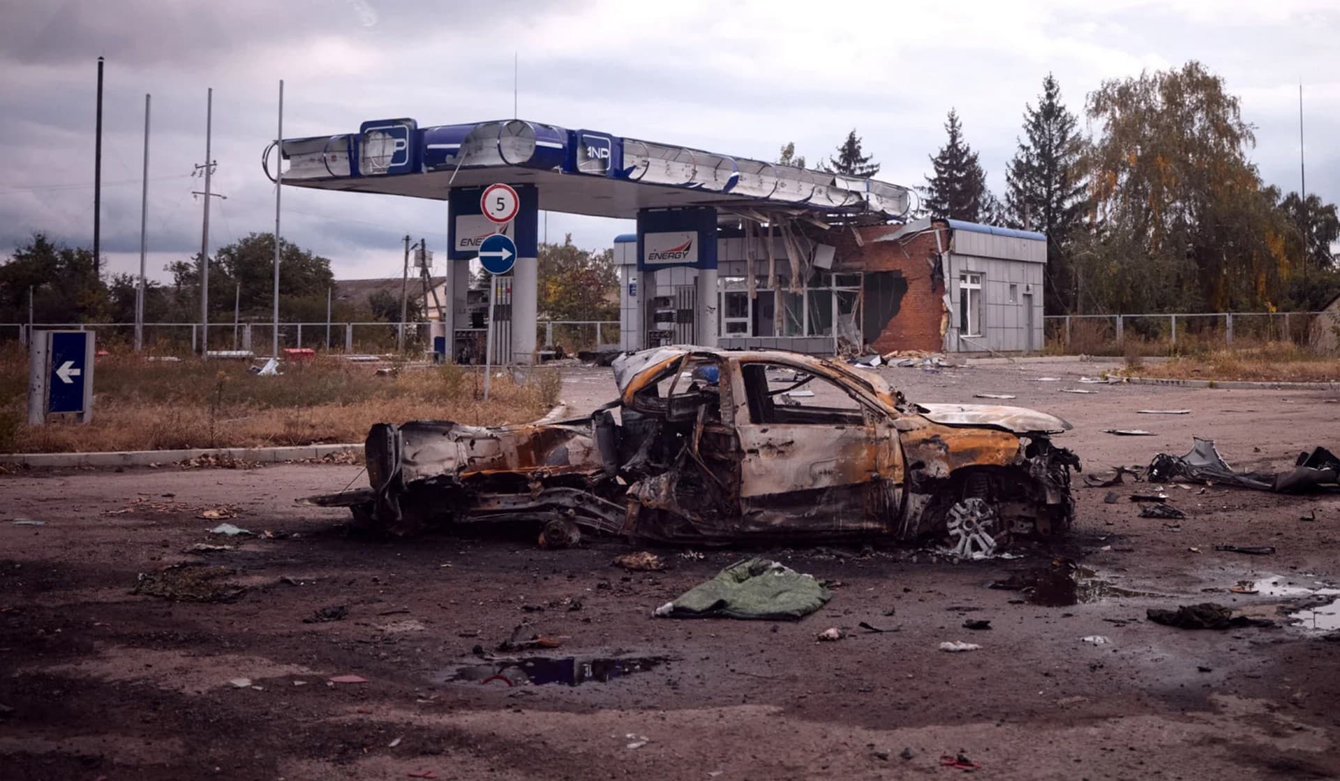 A destroyed car in the town of Balakliia