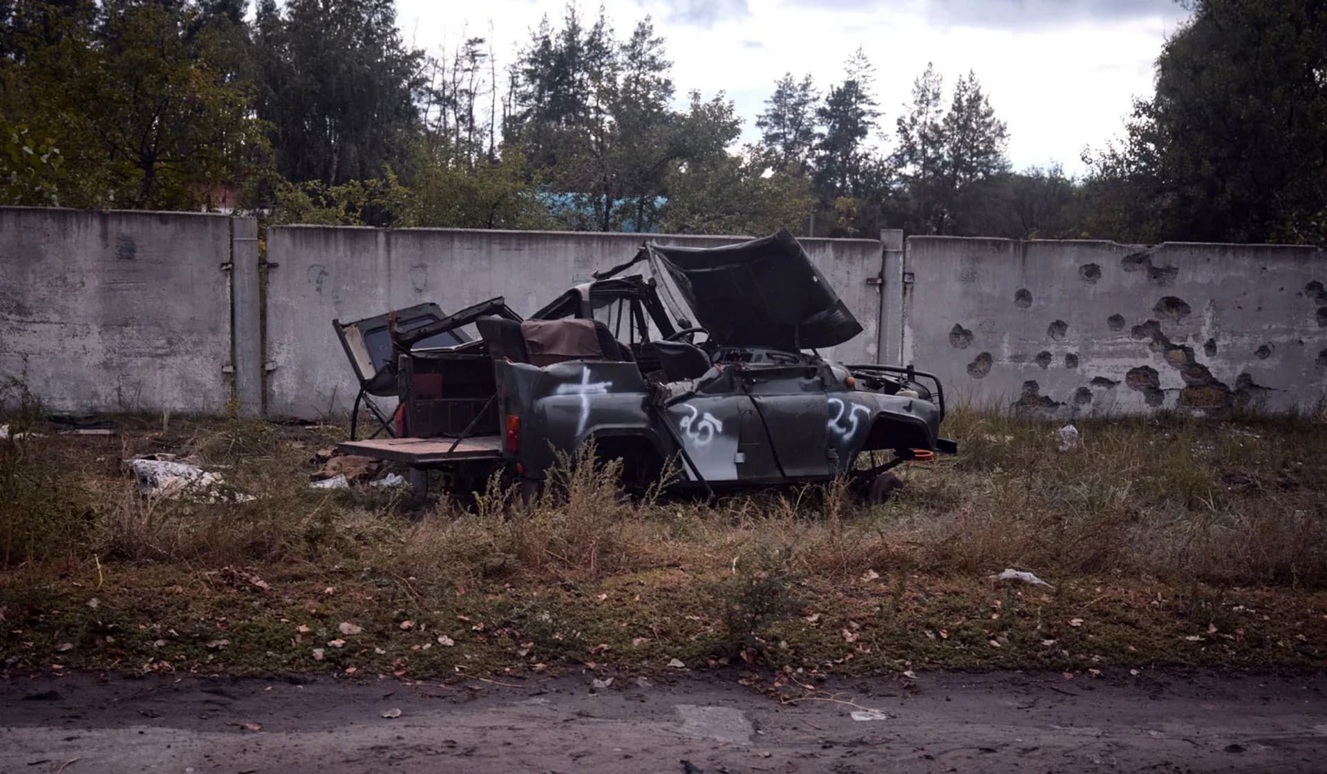 A destroyed vehicle in the town of Balakliia