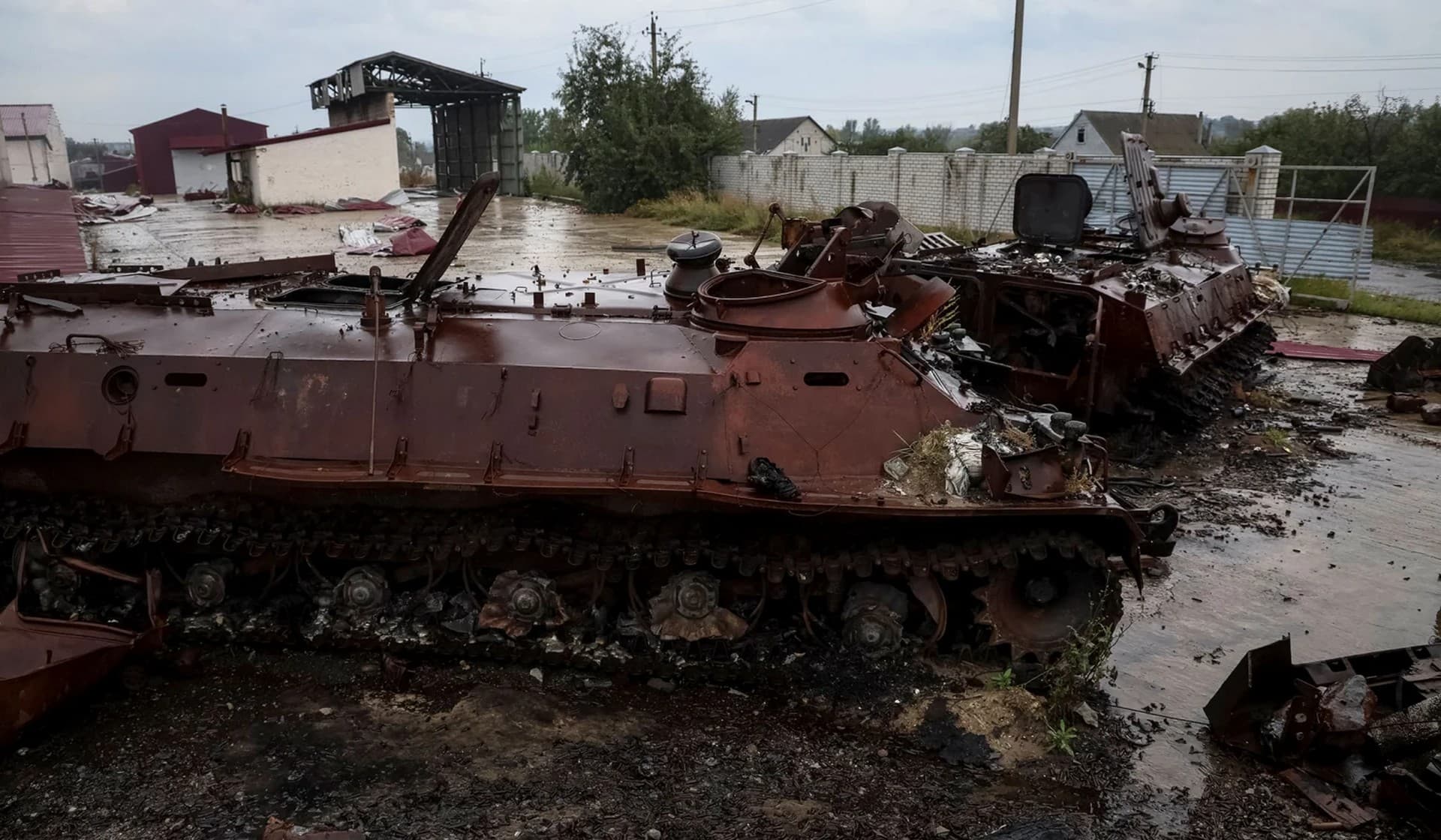 A destroyed Russian armored personnel carrier near the village of Nova Husarivka
