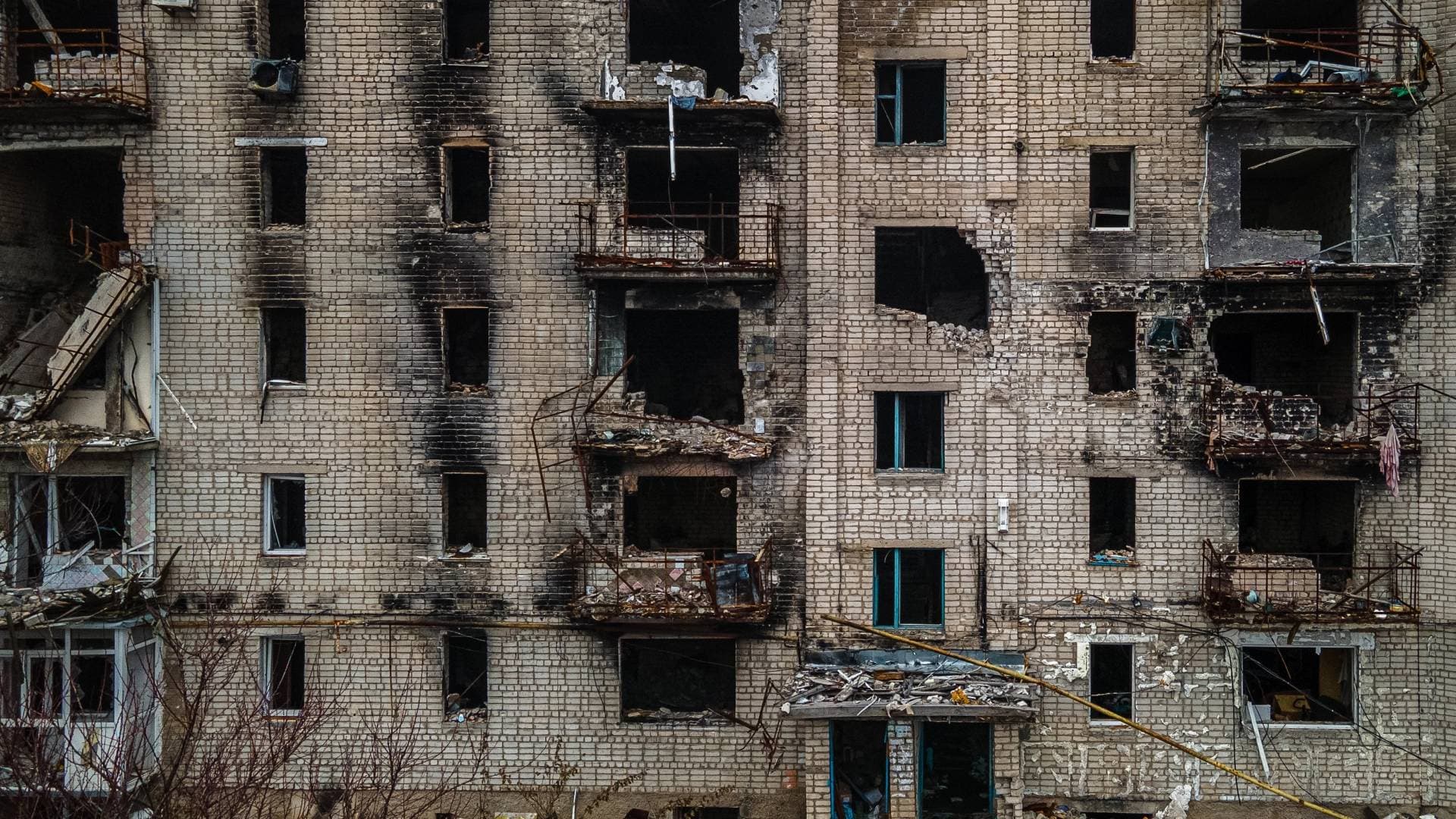 An aerial view shows residential buildings damaged by shelling in Izyum