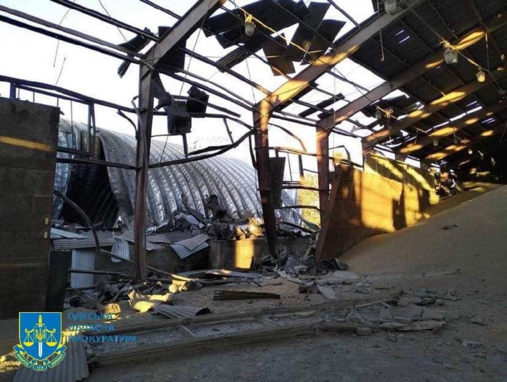 grain warehouses heavily damaged by a Russian drone strike at a compound of a port in Odesa region