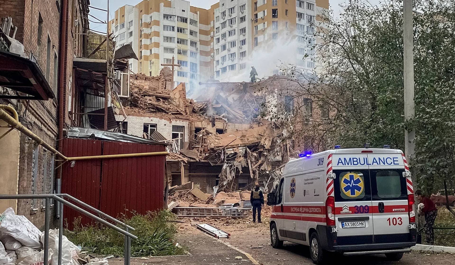 An apartment building where 10-year-old boy Tymofii Bychko was killed by a Russian missile strike in Kharkiv