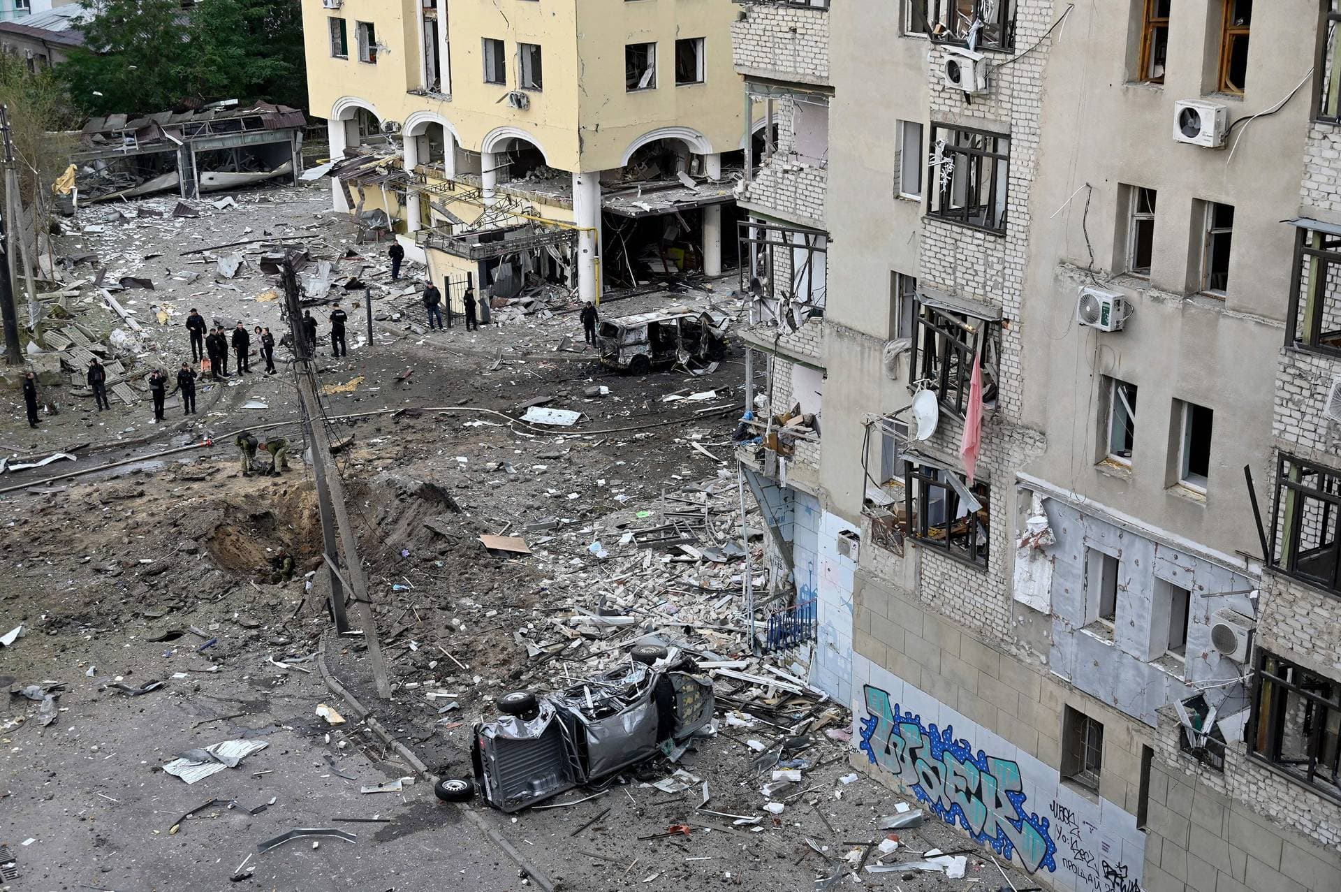 Buildings damaged by a Russian strike on the center of the Ukrainian city of Kharkiv