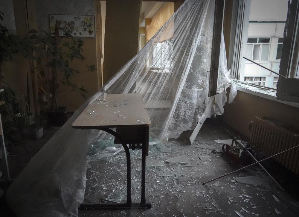 Destroyed room in the school where a graduation ceremony, called the Last School Bell, was supposed to take place in Kharkiv