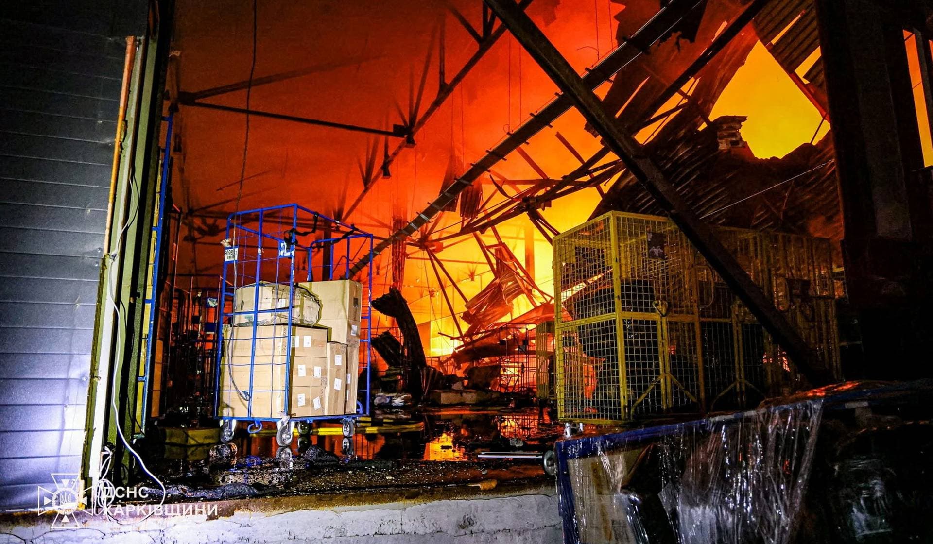 A sorting centre of Ukraine's national post hit by a Russian drone strike in Kharkiv