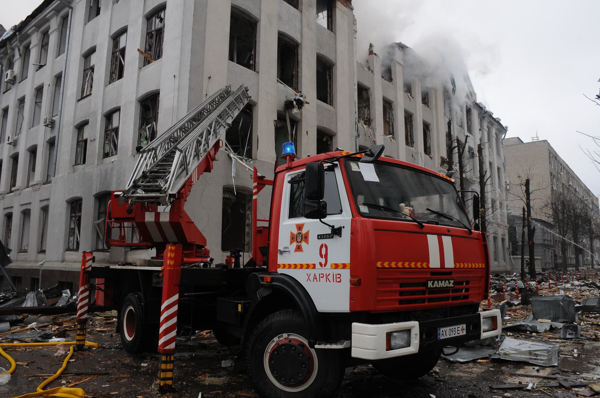 Fire truck during rescue operations in Kharkiv