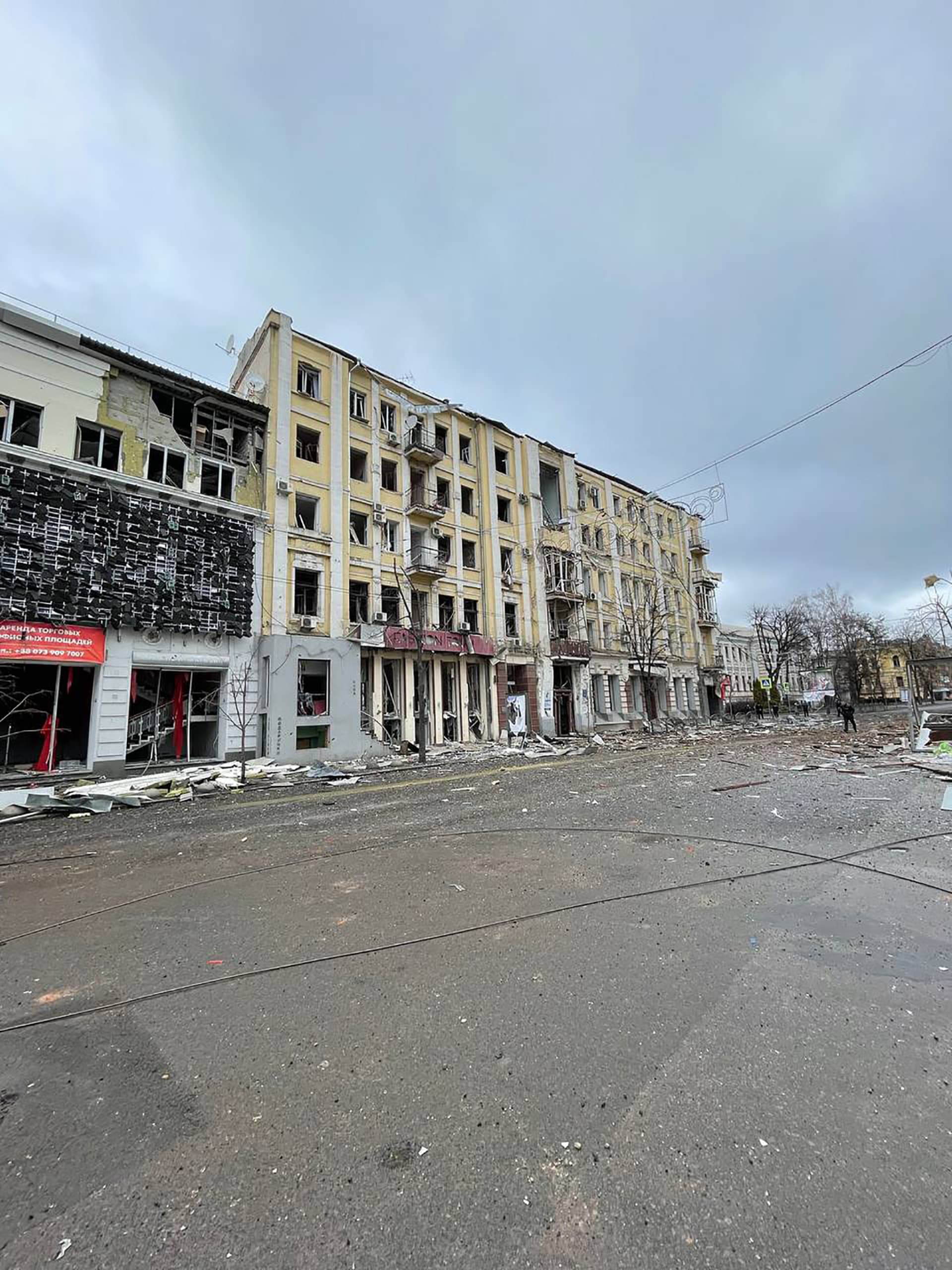 Destroyed buildings on the streets of Kharkiv