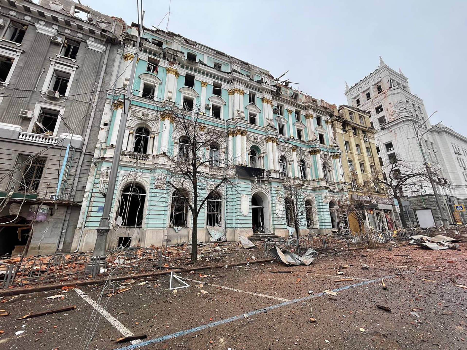 Destroyed buildings on the streets of Kharkiv