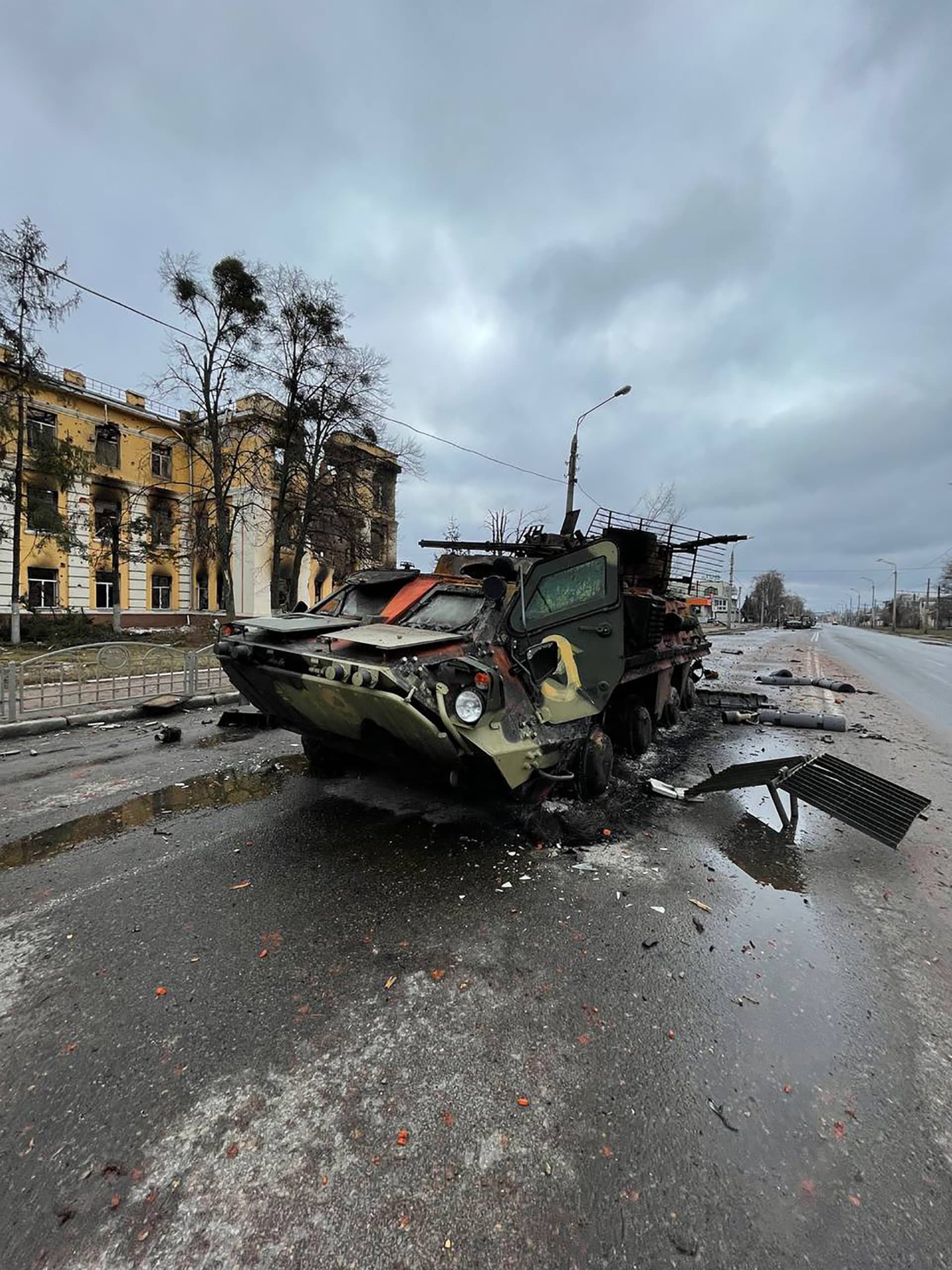 Damaged military car in the city of Kharkiv