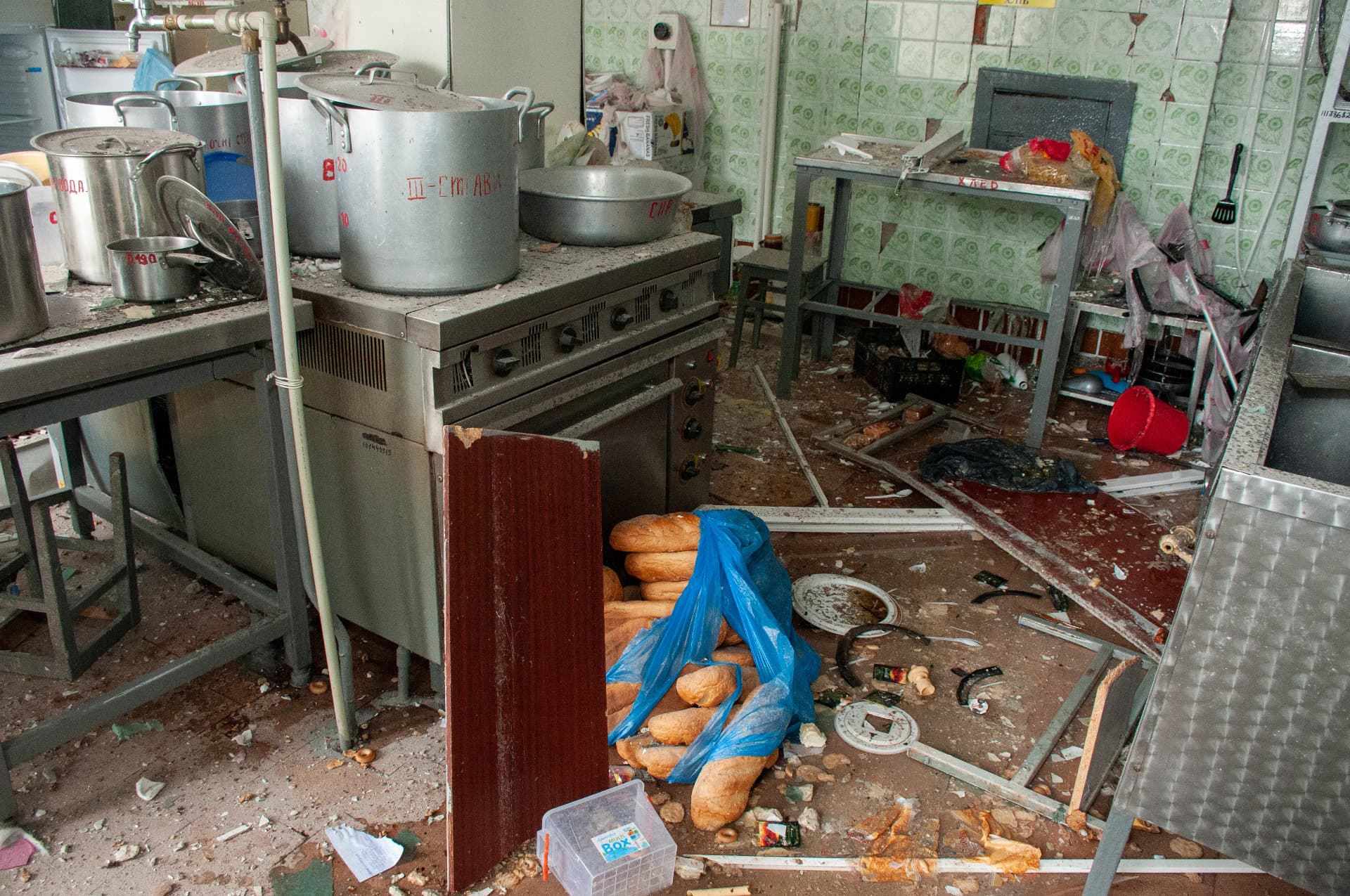 A ruined kitchen in a kindergarten destroyed after shelling by the Russian military-occupiers in Kharkiv