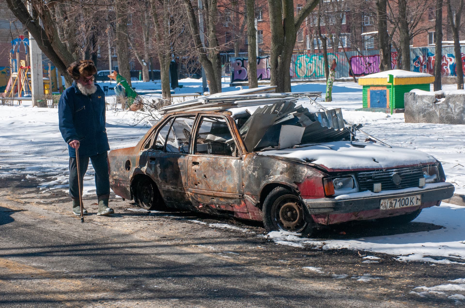 A car destroyed after an explosion in Kharkiv