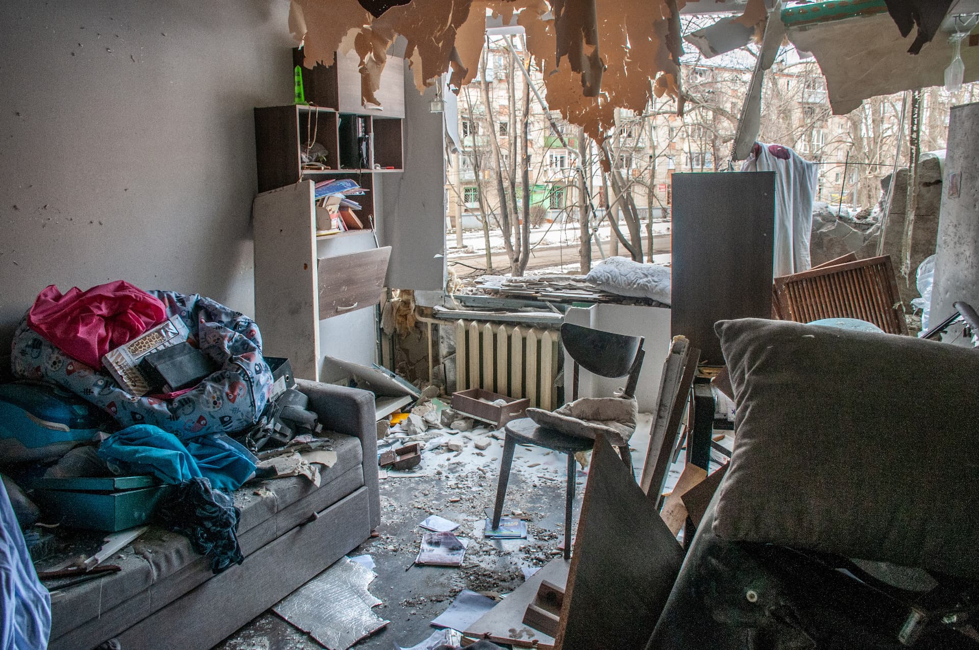 Destroyed room in the apartment, as a result of explosions and shelling by the Russian occupying military in Kharkiv