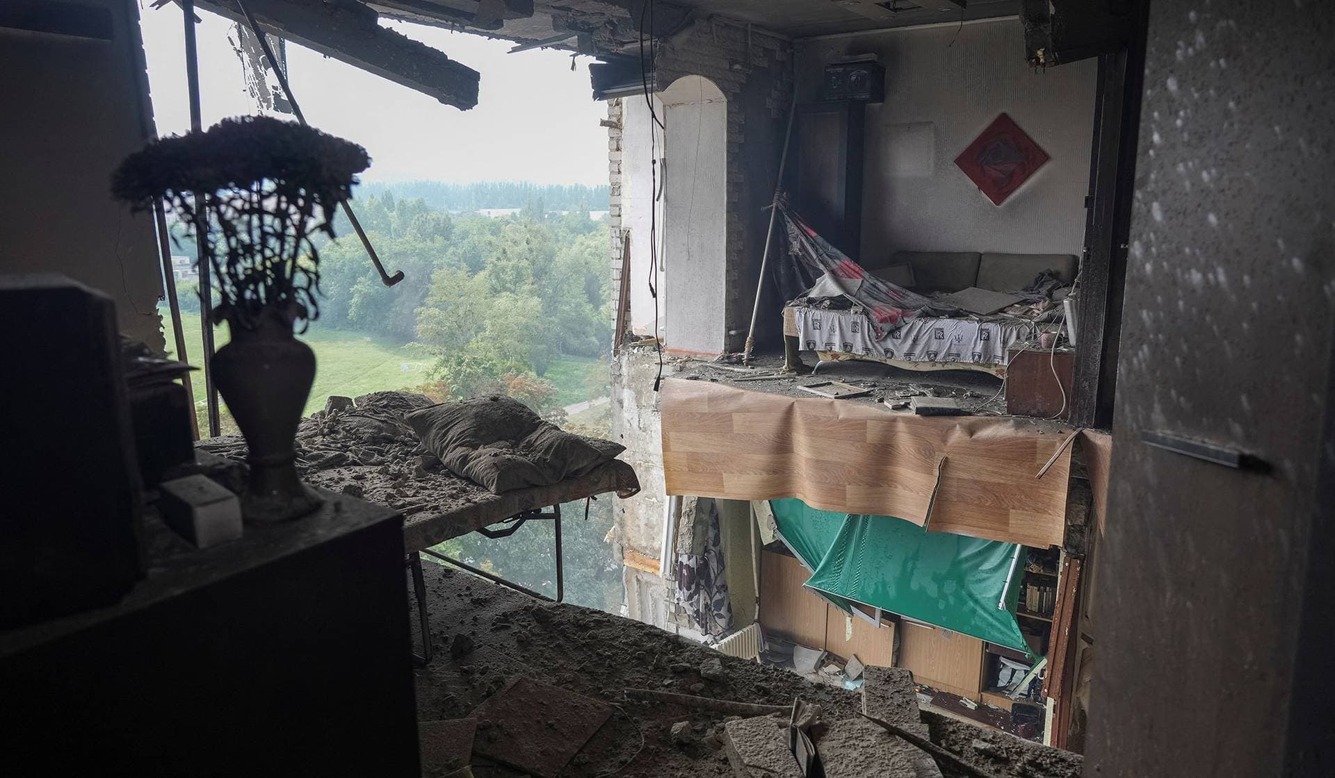 Interior of a damaged flat in an apartment building hit by a Russian drone strike in Kharkiv