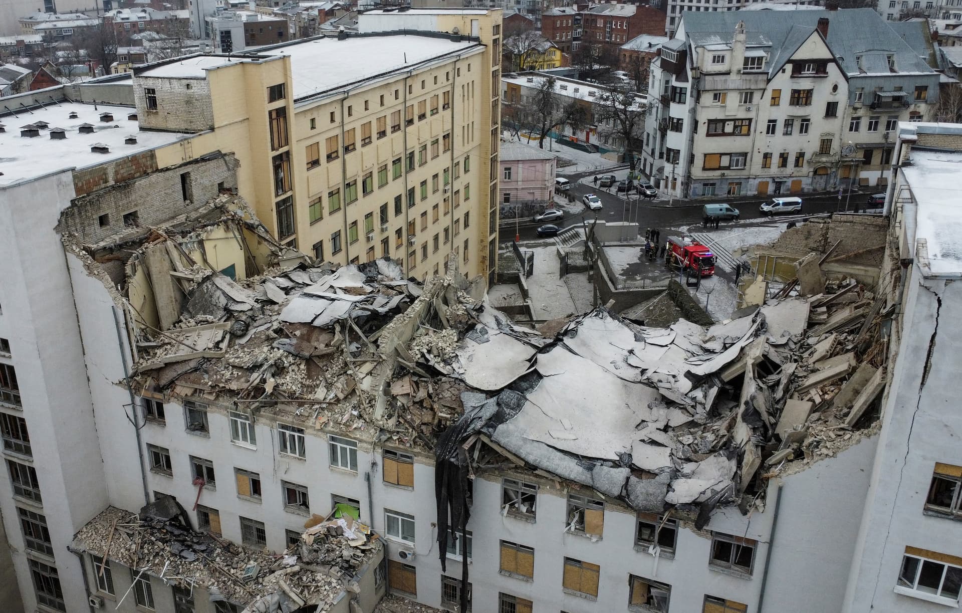A building of the National University of Urban Economy heavily damaged in central Kharkiv