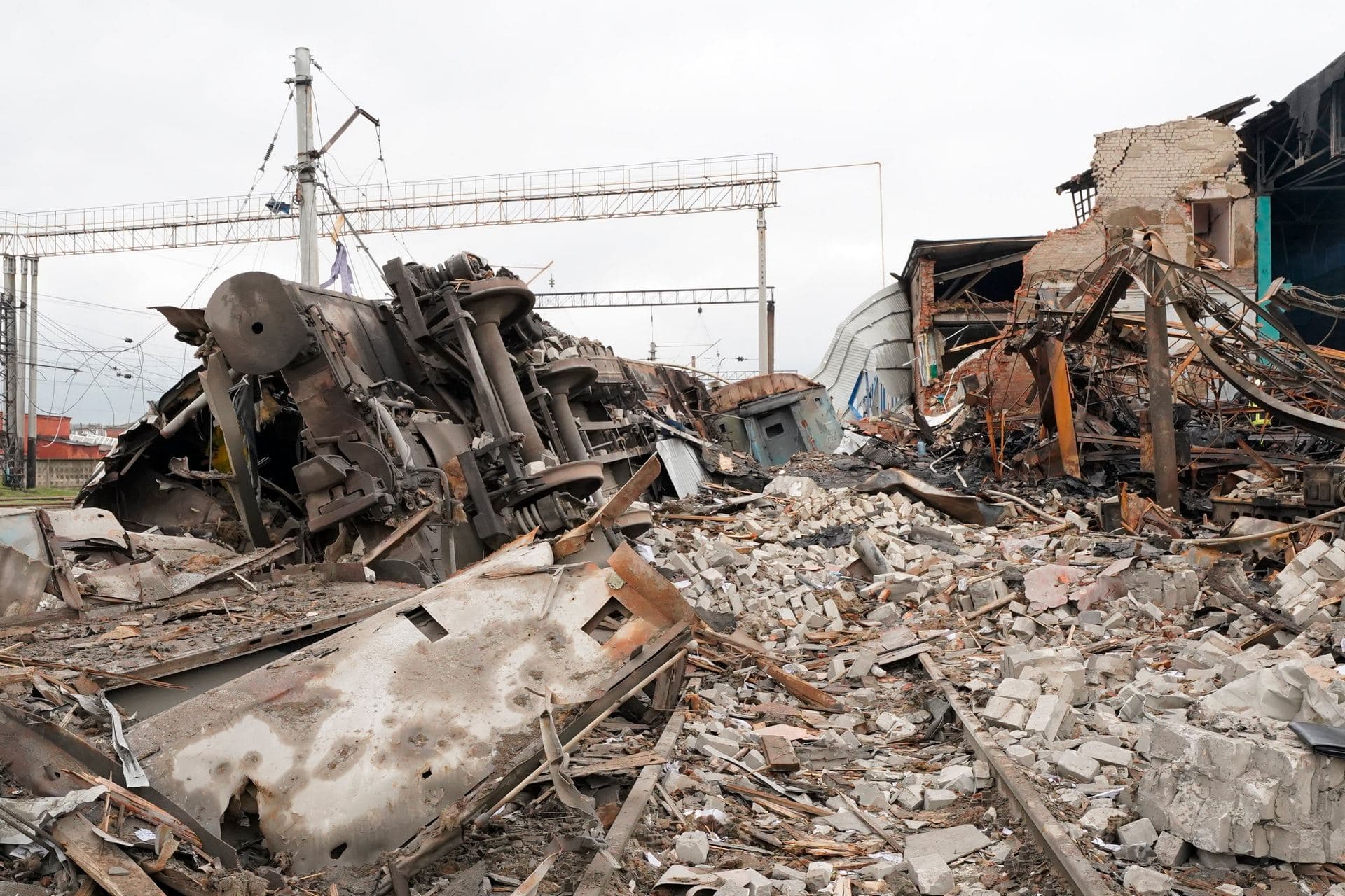 Debris of a railway depot ruined after a Russian rocket attack in Kharkiv