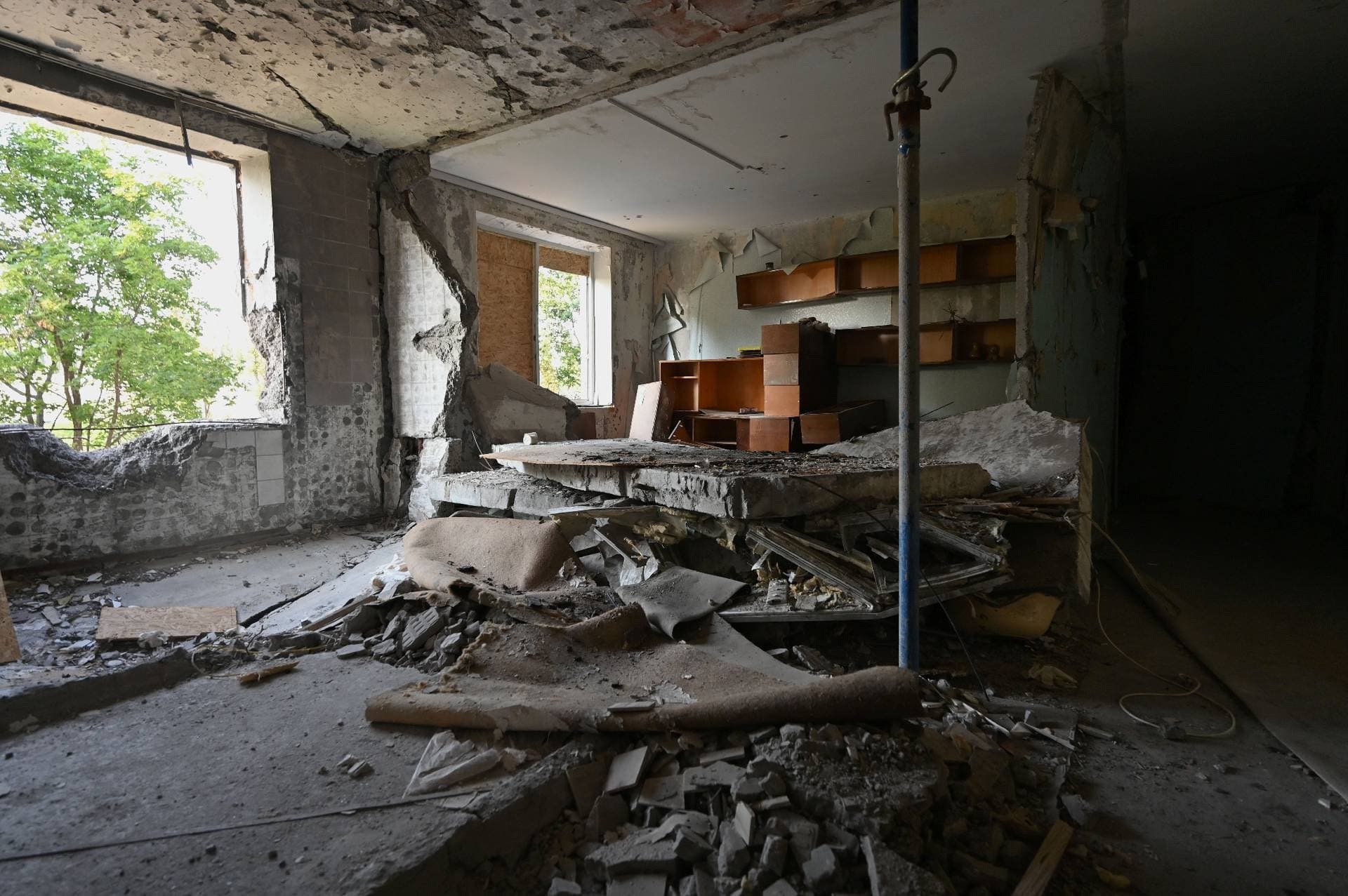 A destroyed flat in a heavily damaged residential building in Kharkiv’s Saltivka district