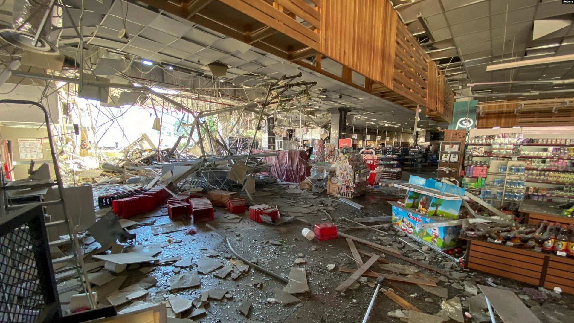 A supermarket in a shopping mall damaged by a Russian missile strike in Kharkiv