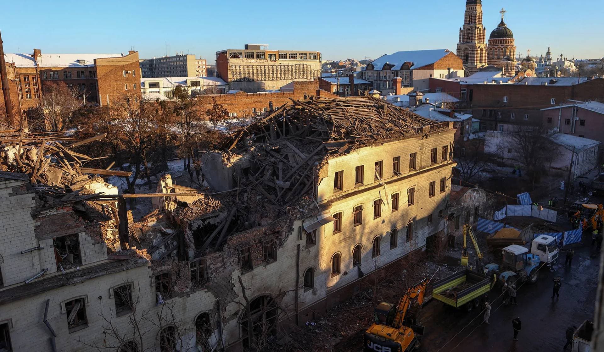 A building heavily damaged by a Russian missile strike in central Kharkiv