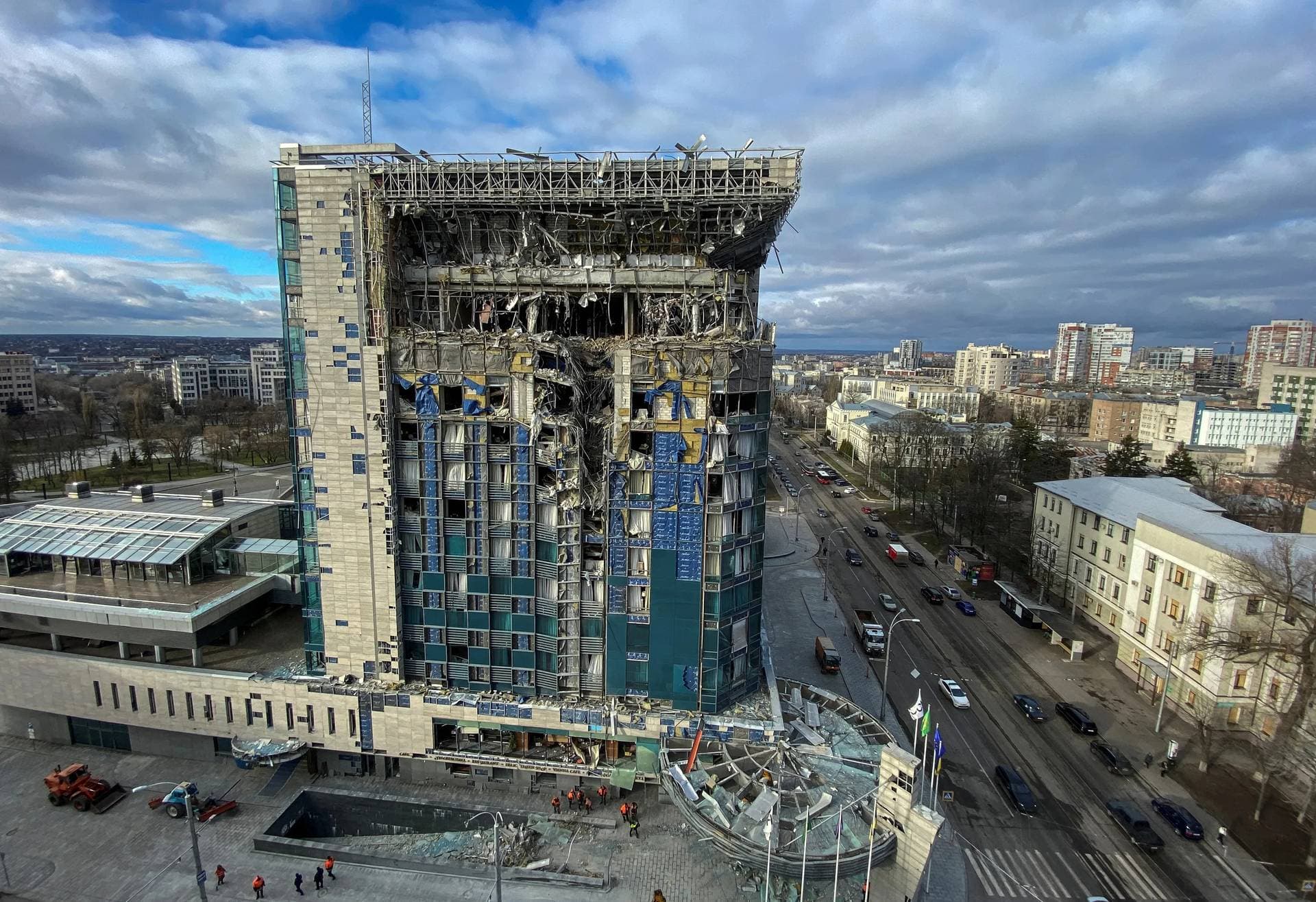 the Kharkiv Palace Hotel heavily damaged by a Russian missile strike in Kharkiv