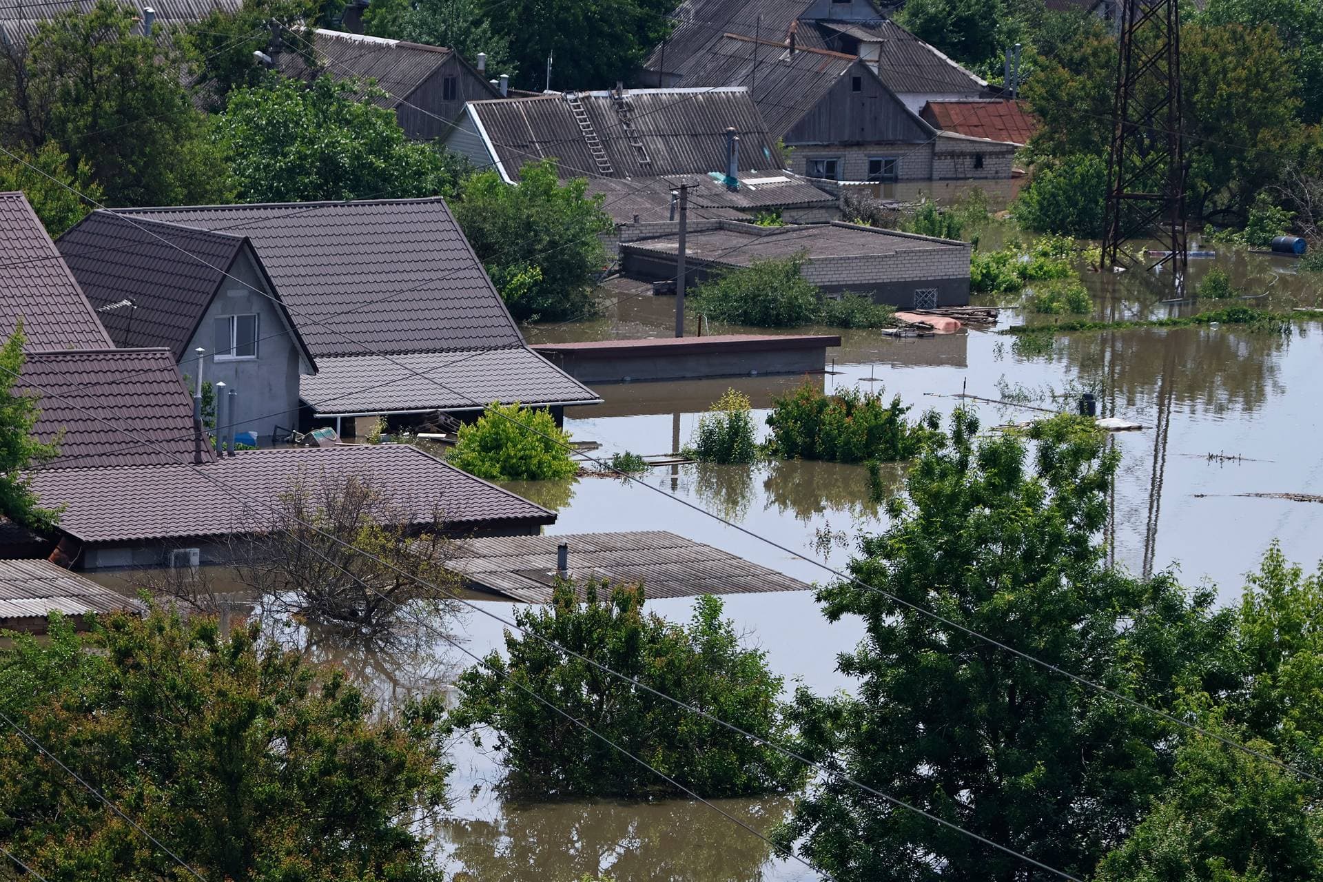 A view from the roof of residential building in a flooded area of Kherson