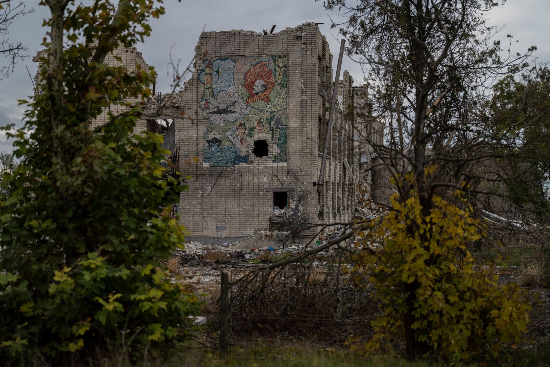 A destroyed school on the outskirts of a recently liberated village outskirts of Kherson