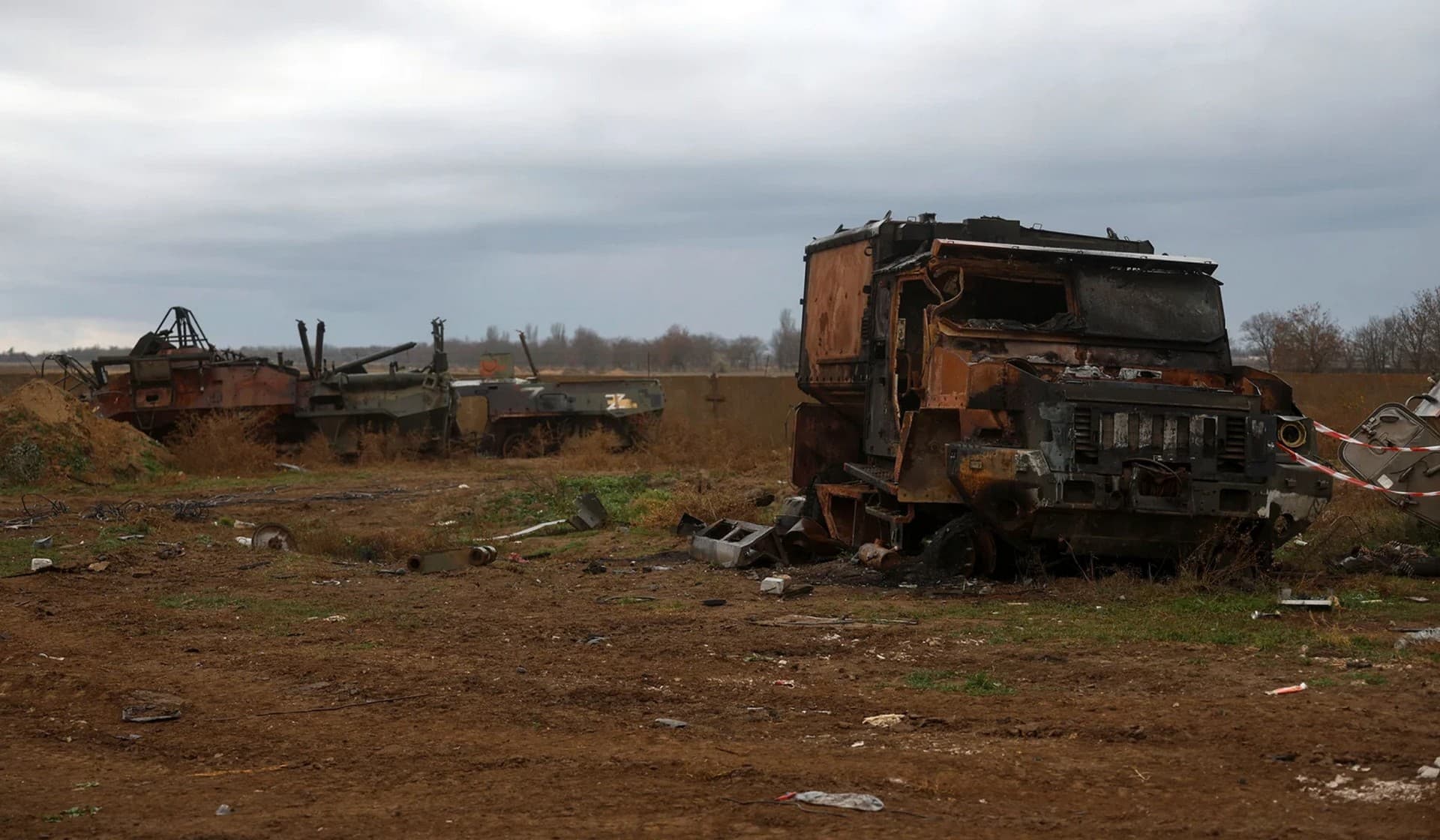 Destroyed Russian military vehicles at a compound of an international airport after Russia's retreat from Kherson in Chornobaivka