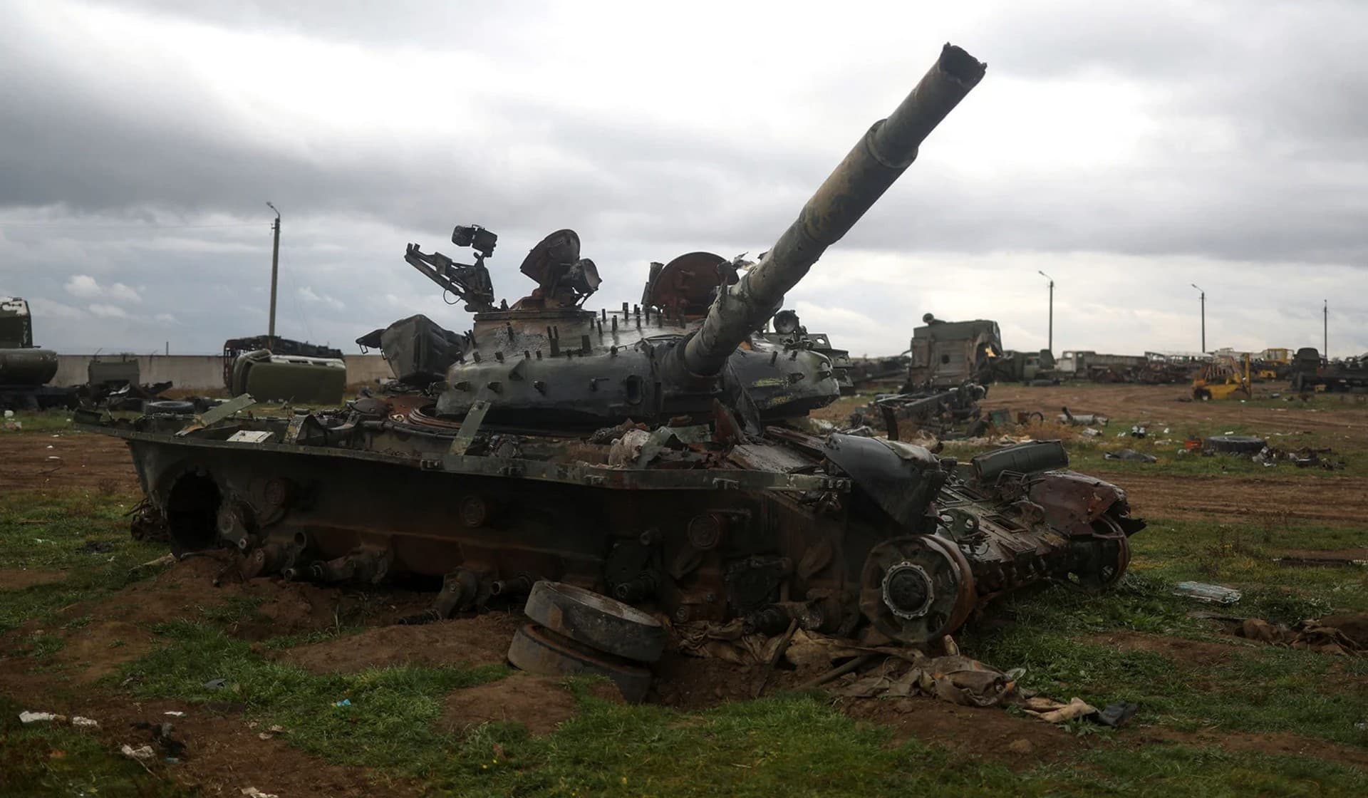 A destroyed Russian tank at a compound of an international airport after Russia's retreat from Kherson in Chornobaivka outside of Kherson