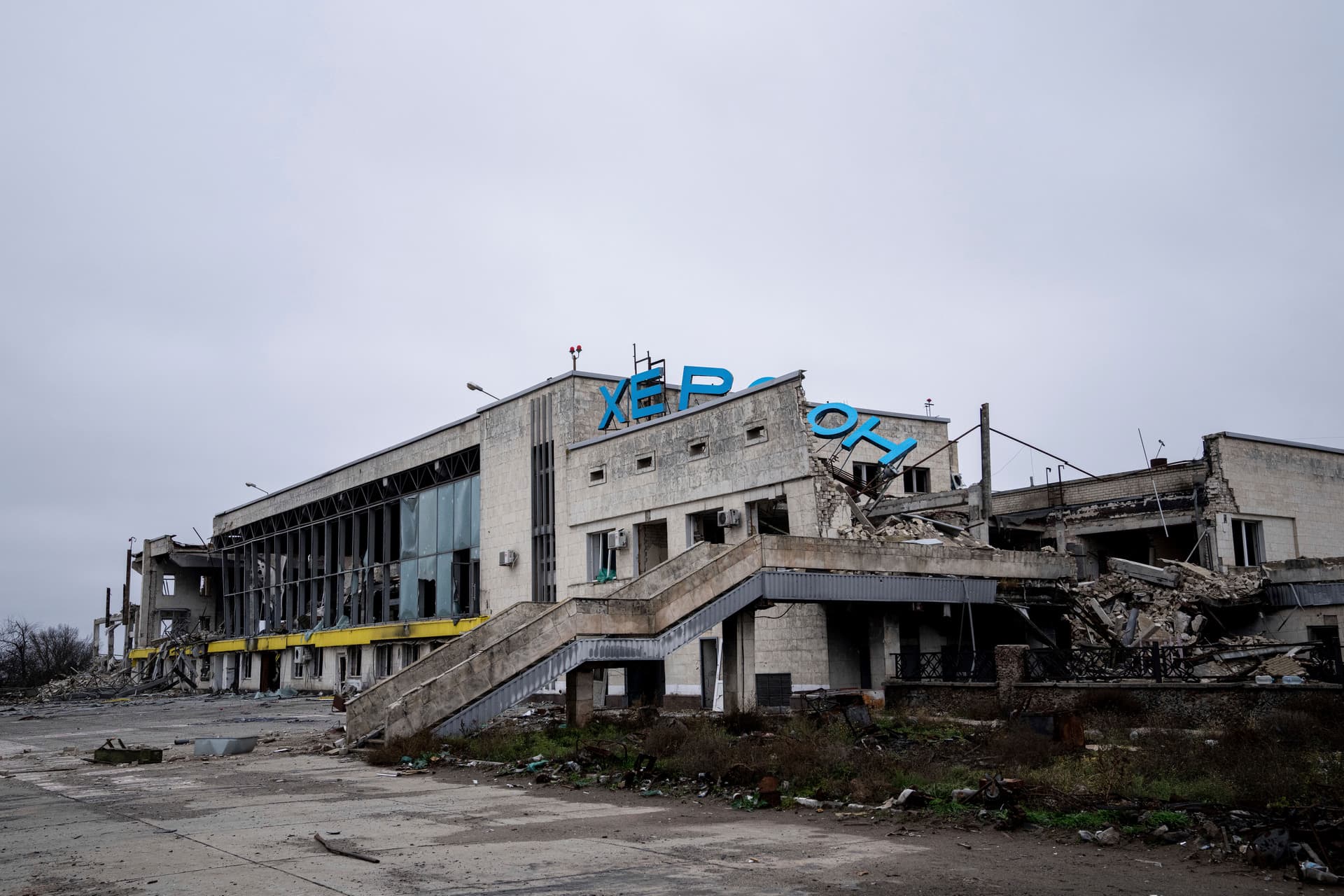 A building, part of the Kherson international airport is seen damaged during fighting between Ukrainian and Russian forces in Kherson