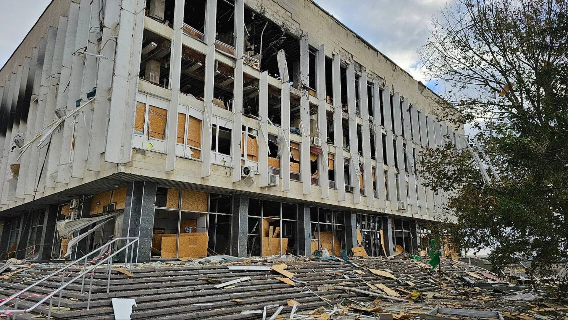 The Honchar Regional Library in Kherson has been badly damaged after a Russian air strike on the city