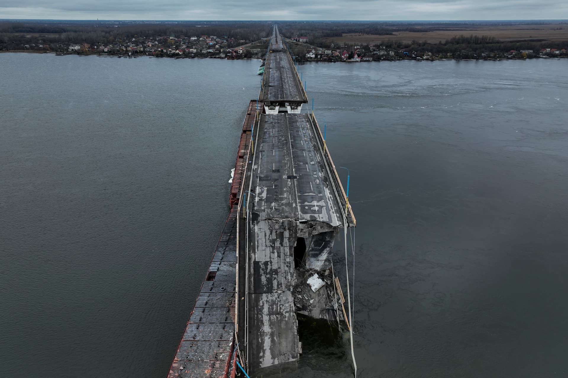 General view of the damaged Antonivsky Bridge in Kherson