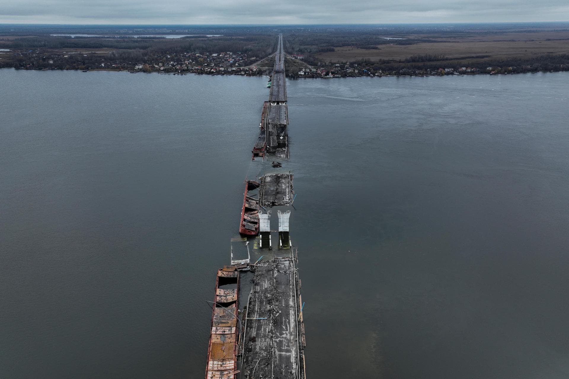 General view of the damaged Antonivsky Bridge in Kherson