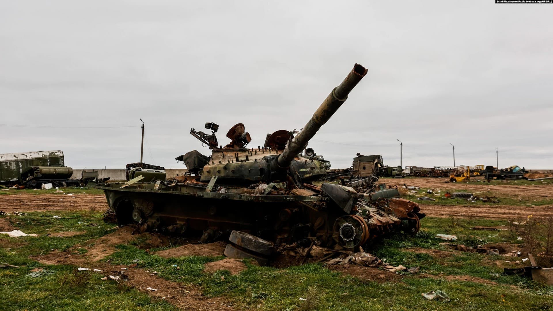 A destroyed tank in the territory of the airport