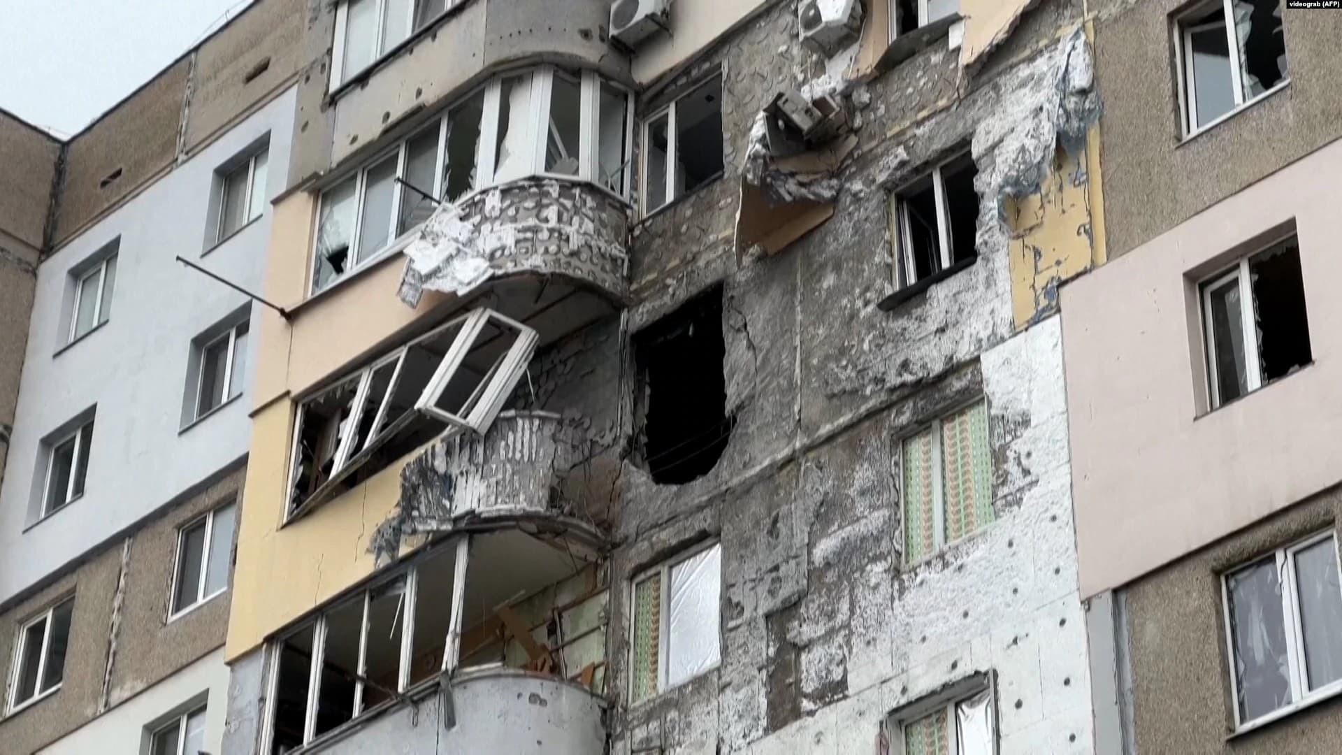 A building in Kherson after being shelled by Russian forces