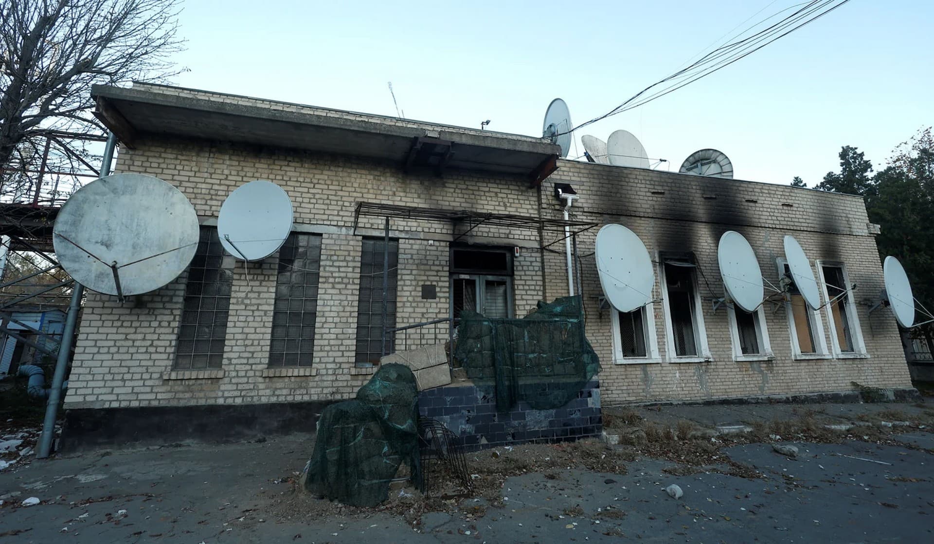 A burned television center after Russia's retreat from Kherson