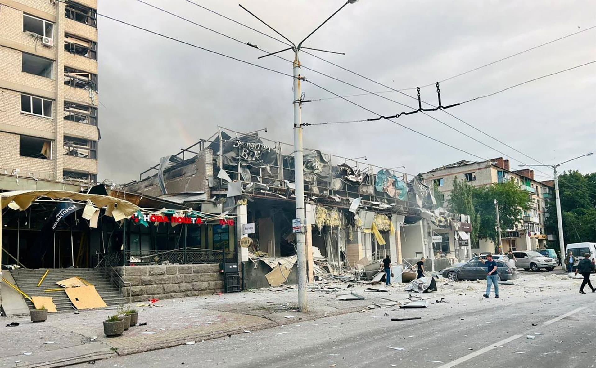 A restaurant that was heavily damaged by a Russian missile strike in central Kramatorsk, Ukraine, on June 27. 