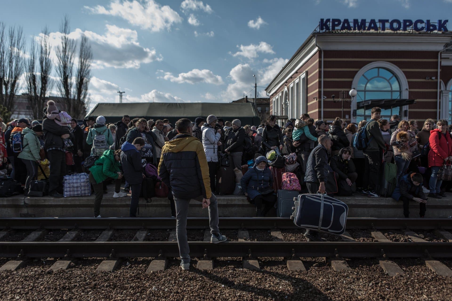Civilians waiting for trains in the railway station in Kramatorsk