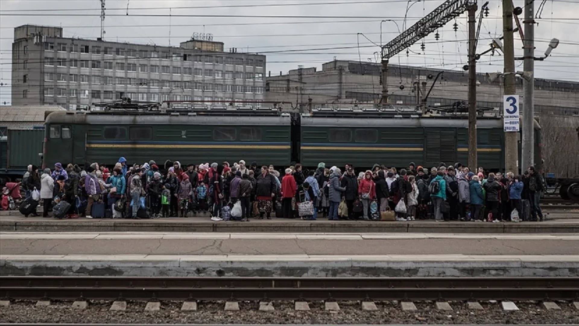 Civilians gather at the Kramatorsk station to be evacuated from combat zones in eastern Ukraine