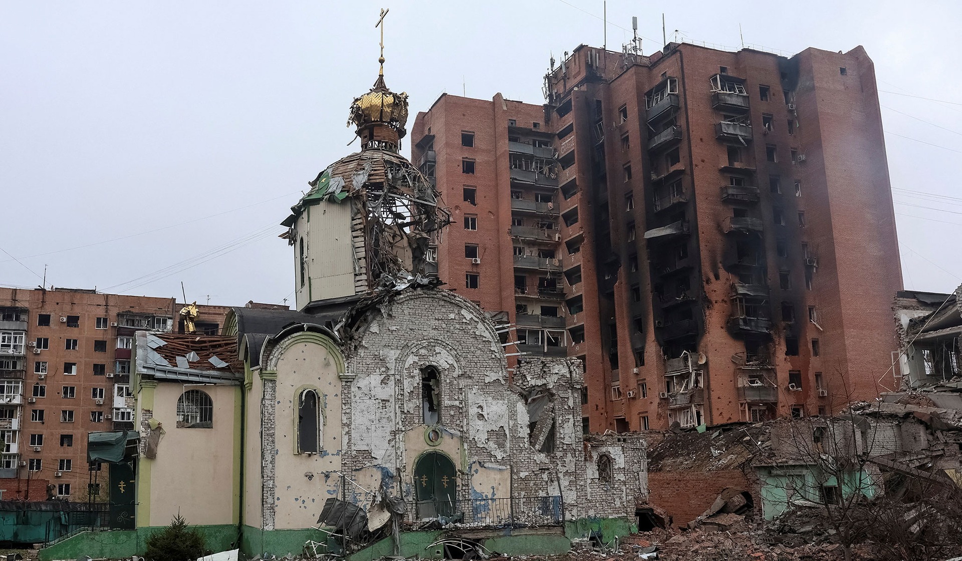 A church and apartment buildings damaged by a Russian air strike in the frontline city of Kramatorsk