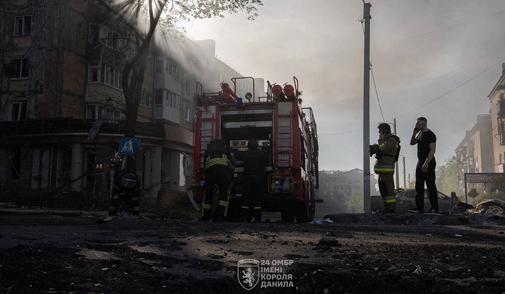 Firefighters work at a site of a Russian air strike in the frontline city of Kramatorsk