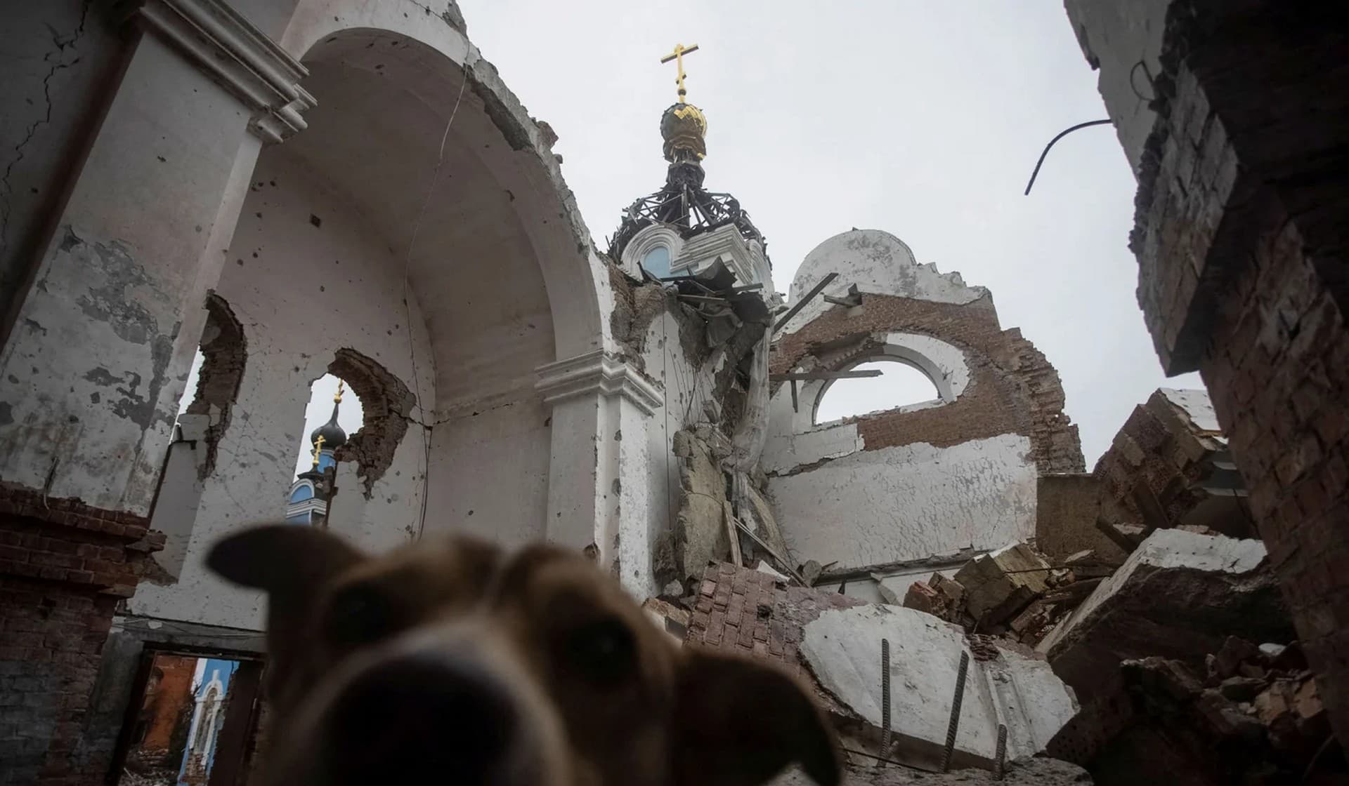 A destroyed Orthodox church is seen in the village of Bohorodychne in Donetsk region